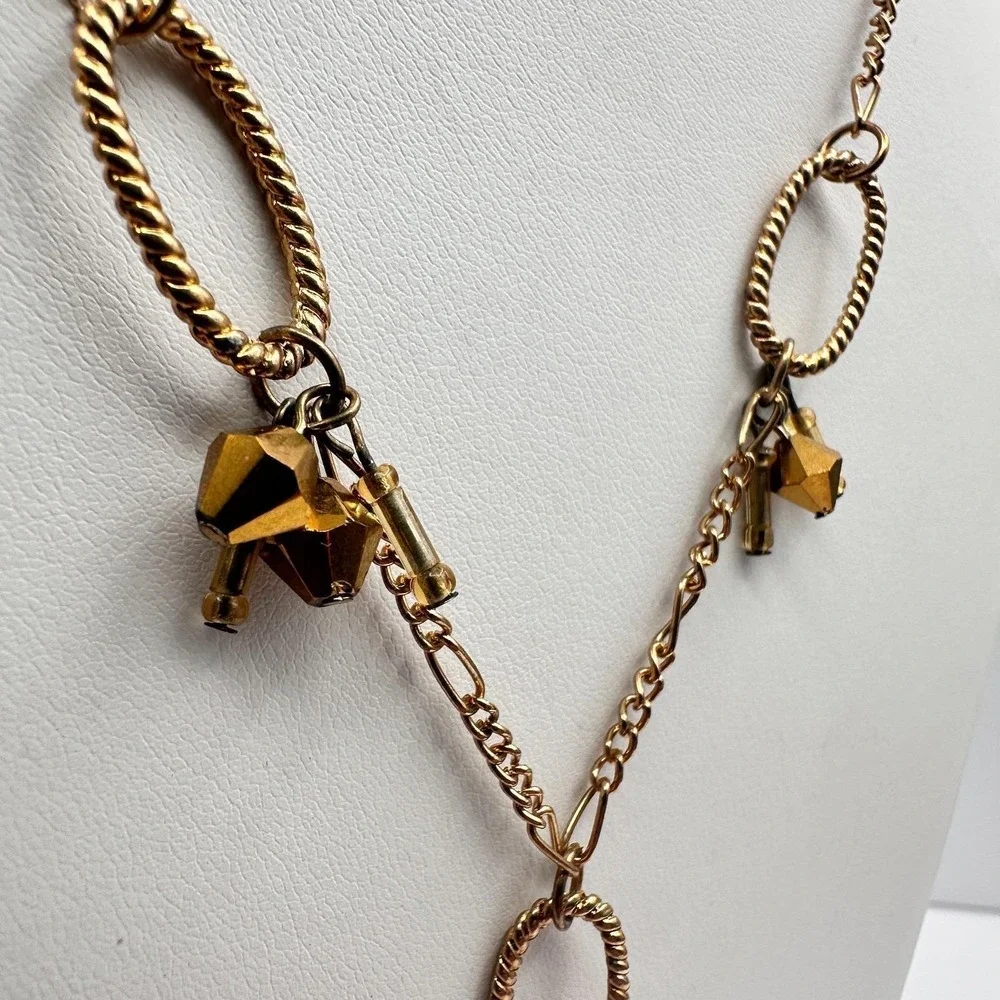 Vintage 90s Amber Citrine Glass Pendant Necklace Gold Tone Beaded Boho Statement